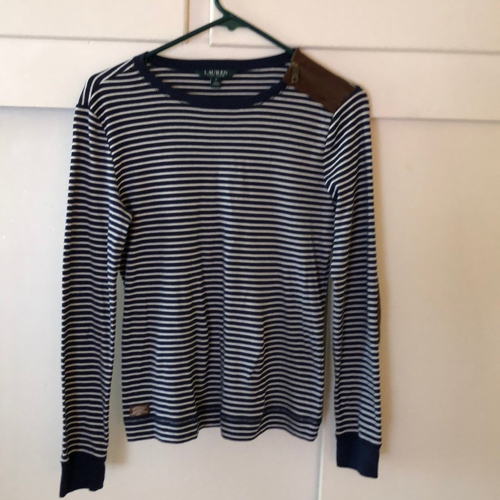 Navy blue striped, long sleeved, faux leather